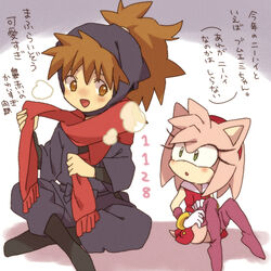  1boy amy_rose animal_ears animal_nose bad_id bad_pixiv_id bare_shoulders blue_pants blue_shirt blush body_fur bodystocking breath brown_eyes bukiko commentary_request crossover dress eye_contact female flat_chest full_body furry furry_female fuwa_raizou gloves green_eyes hair_tie hairband hands_up happy high_ponytail hood indian_style knees_up light_blush long_hair long_sleeves looking_at_another looking_down looking_to_the_side looking_up medium_hair ninja nose_blush pants pink_fur pink_hair ponytail purple_legwear rakudai_ninja_rantarou red_dress red_hairband red_scarf scarf shirt simple_background sitting sleeveless sleeveless_dress smile sonic_(series) sonic_boom_(series) tail talking thighhighs translation_request two-tone_fur white_background white_gloves yellow_fur 