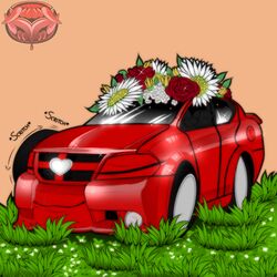  1:1 car cars_(disney) chibi closed_eyes daisy_(flower) dire_machine dire_vehicle disney dodge_(brand) dodge_charger flower flower_crown grass living_machine living_vehicle machine male mawzda pixar plant resting rose_(flower) scratching sleeping smile solo vehicle 