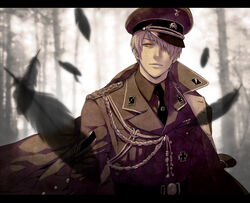  1boy aiguillette axis_powers_hetalia belt belt_buckle black_belt black_feathers black_hat black_necktie blurry blurry_background breast_pocket brown_coat brown_hat brown_jacket brown_shirt buckle buttons closed_mouth coat coat_on_shoulders collar_tabs collared_shirt cross day feathers floating floating_object forest hair_over_one_eye hat hat_ornament insignia iron_cross jacket lapels letterboxed long_bangs looking_at_viewer male_focus military_coat military_hat military_jacket military_uniform monochrome_background nature nazi necktie orange_eyes outdoors peaked_cap pin pocket prussia_(hetalia) red_eyes reichsadler saimu shirt shoulder_boards skull_and_crossbones skull_hat_ornament solo ss_insignia totenkopf transparent tree two-tone_headwear uniform upper_body waffen-ss white_hair 