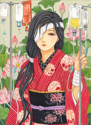  animal_print bandages black_eyes black_hair bud cat_print eyepatch female floral_background floral_print flower hair_over_shoulder hand_up holding intravenous_drip iv_stand japanese_clothes kimono lips long_hair lotus lotus_leaf lotus_pod low-tied_long_hair nadeshiko_rin original parted_lips pink_flower plant red_kimono solo spider_lily_print traditional_media upper_body 