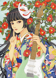  black_eyes black_hair blue_kimono branch camellia electric_guitar female fender_stratocaster finger_to_mouth floral_print flower fox_mask guitar hands_up hime_cut holding holding_guitar holding_instrument index_finger_raised instrument japanese_clothes kanoko_(pattern) kimono light_blush long_hair looking_at_viewer looking_to_the_side mask mask_on_head nadeshiko_rin original parted_lips peony_print print_kimono red_flower shushing solo traditional_media very_long_hair 