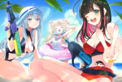  3girls ;d ahoge anchor_earrings animal_ear_fluff animal_ears beach bikini black_hair blue_eyes blue_hair blue_nails blue_ribbon blue_sailor_collar blunt_bangs breasts casual_one-piece_swimsuit cat_ears cat_girl center_opening cleavage cleavage_cutout closed_eyes clothing_cutout cloud colored_inner_hair dadada day earrings foreshortening frilled_bikini frills green_eyes hair_between_eyes hat hat_ribbon heterochromia highres hizuki_yui holding holding_water_gun innertube jewelry large_breasts leaning_forward light_blue_hair long_hair looking_at_viewer mole mole_under_eye multicolored_hair multiple_girls navel neo-porte ocean one-piece_swimsuit one_eye_closed open_mouth outdoors pink_eyes pink_hair red_bikini ribbon sailor_collar sailor_one-piece_swimsuit school_swimsuit sitting sky smile stomach strap_gap sun_hat super_soaker swim_ring swimsuit tentei_forte thighs twintails v v_over_eye virtual_youtuber water_gun white_hair white_headwear white_one-piece_swimsuit yellow_nails yozuna_niu 