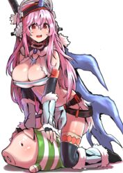  absurdres armor bad_id bad_pixiv_id bandeau blush breasts cleavage commentary elbow_gloves female fur_trim gloves hairband headphones highres horns kirin_(armor) korean_commentary large_breasts loincloth long_hair mane midriff monster_hunter_(series) nitroplus pink_eyes poogie red_eyes single_horn solo storm_villain_(user_zday3283) super_sonico 