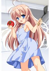  antenna_hair armpits arms_up asagi_nanami bad_id bad_twitter_id blue_dress blue_eyes blush breasts brown_hair dress female food hajimete_no_orusuban highres holding holding_food indoors kitchen long_hair mizuki_shiori official_art sideboob smile solo spatula sundress tomato 