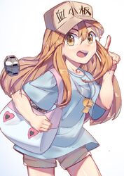  :d bad_id bad_pixiv_id bag blue_shirt breasts brown_eyes brown_hair character_name chinese_commentary collarbone commentary cowboy_shot eyes_visible_through_hair female grey_shorts hair_between_eyes handbag hat hataraku_saibou heart heart_print long_hair looking_at_viewer open_mouth pink_lips platelet_(hataraku_saibou) pointing pointing_up shirt short_shorts short_sleeves shorts shorts_rolled_up sidelocks simple_background small_breasts smile solo t-shirt tanigome_juu teeth upper_teeth_only whistle white_background white_bag 