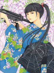  black_hair brown_eyes female floral_print flower from_behind frown gun h&amp;k_mp5k heckler_&amp;_koch holding holding_gun holding_weapon japanese_clothes kimono long_hair looking_at_viewer looking_back machine_gun nadeshiko_rin original ponytail purple_flower solo spider_web_print submachine_gun traditional_media weapon wisteria 