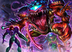  alien arm_cannon arms_at_sides ass claws commentary_request extra_arms extra_mouth female fusion_suit glowing highres indoors long_tongue looking_at_another metroid metroid_fusion multiple_heads mutation one-eyed photoshop_(medium) sa-x saliva samus_aran science_fiction screaming sharp_teeth signature size_difference space standing teeth tongue tongue_out transformation varia_suit very_long_tongue weapon yasukuni_kazumasa 