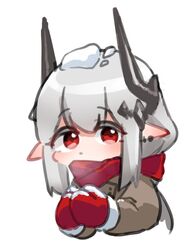  arknights breath brown_coat chibi closed_mouth coat commentary cropped_torso ear_piercing english_commentary female grey_hair hair_between_eyes highres horns long_hair long_sleeves mittens mudrock_(arknights) piercing pointy_ears polyvora red_eyes red_mittens red_scarf scarf simple_background snow_on_head solo upper_body white_background 