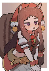  absurdres animal_ears bell blush border brown_background brown_hair chipmunk_ears chipmunk_girl chipmunk_tail crop_top female flat_chest hair_bell hair_ornament highres invisible_chair ix long_hair midriff navel open_mouth outside_border princess_connect! purple_eyes red_headwear red_shirt red_shorts rin_(princess_connect!) shirt shorts simple_background sitting solo sweatdrop tail very_long_hair white_border 