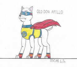  apollo_the_super-pup blue_eyes canid canine canis clothing collar domestic_dog english_text feral hi_res male mammal marothedarkrabbit_(artist) mask old paw_patrol solo superhero text 