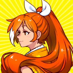  akairiot crunchyroll emphasis_lines female hair_ribbon halftone hime_(crunchyroll) long_hair orange_eyes orange_hair orange_shirt ponytail ribbon shirt simple_background smile solo upper_body white_ribbon yellow_background 