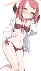  aged_down aru_(blue_archive) aru_(young)_(blue_archive) bikini black_bikini blue_archive blush breasts demon_horns female glasses halo highres horns looking_at_viewer medium_breasts navel nemo_(leafnight) open_clothes open_shirt red_hair shirt side-tie_bikini_bottom simple_background sleeves_past_wrists solo swimsuit white_background white_shirt yellow_eyes 