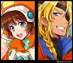  1boy bartholomew_fatima blonde_hair blue_eyes braid brown_hair chikariya eyepatch female hair_over_shoulder hat looking_at_viewer marguerite_fatima open_mouth orange_headwear short_hair single_braid smile vest xenogears 