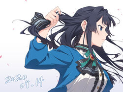  ascot black_hair blue_eyes blue_jacket blush brooch buttons commentary dated female frills gradient_background green_neckwear hair_ribbon hair_spread_out holding holding_own_hair idolmaster idolmaster_million_live! idolmaster_million_live!_theater_days jacket jewelry long_hair looking_afar mogami_shizuka necktie petals ribbon sanada_(tony2035176) serious shirt simple_background solo white_shirt 