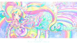  :o back_bow blonde_hair blue_eyes blunt_bangs blush bow braid bubble character_name colorful crown_braid curly_hair daia_(pri_chan) diffraction_spikes dress female floating hairband heart highres idol jewelry kiratto_pri_chan letterboxed long_hair looking_at_viewer multicolored_hair own_hands_together pretty_series puffy_sleeves rainbow rainbow_hair ribbon ring sidelocks sky solo sparkle star_(symbol) tareme twintails upper_body very_long_hair water_drop wings wrist_cuffs zeroarchive00 