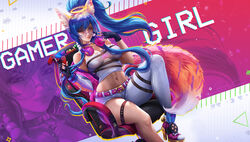  animal_ears blue_hair foxgirl headphones javier_estrada long_hair navel original purple_eyes 