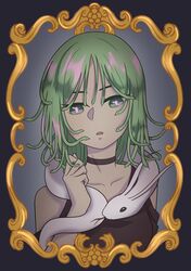  alternate_costume choker dress female framed_image green_eyes green_hair halloween highres light_green_hair meuniel nyoomdoesstuff phonon_(under_night_in-birth) short_hair snake snake_hair solo under_night_in-birth 