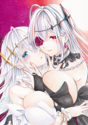  2girls azur_lane black_dress black_vs_white blue_eyes blue_gemstone breast_press breasts chain_necklace chains chromatic_aberration cleavage detached_collar dress dual_persona earrings emden_(azur_lane) flower flower_over_eye gem gold_chain heart heart-shaped_pupils highres jewelry large_breasts lock long_hair looking_at_viewer marker_(medium) mimi_(mini1474) multiple_girls necklace padlock padlocked_collar red_background red_eyes red_flower red_gemstone red_rose rose simple_background skindentation strapless strapless_dress symbol-shaped_pupils traditional_media upper_body white_dress white_flower white_hair white_rose yuri 