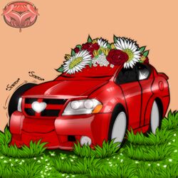  1:1 car cars_(disney) chibi closed_eyes daisy_(flower) dire_machine dire_vehicle disney dodge_(brand) flower flower_crown grass heart_symbol living_machine living_vehicle machine male mawzda pixar plant rose_(flower) scratching sedan sleeping smile solo vehicle 