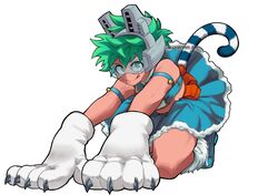  1boy all_fours animal_hands armlet bare_shoulders blue_skirt boku_no_hero_academia cat_tail claws closed_mouth cosplay crossdressing full_body fur_trim gloves green_eyes green_hair highres horikoshi_kouhei_(style) jackielynn licking_lips looking_at_viewer male_focus messy_hair midoriya_izuku official_style paw_gloves pixie-bob_(boku_no_hero_academia) pixie-bob_(boku_no_hero_academia)_(cosplay) simple_background skirt smile solo tail tongue tongue_out white_background white_gloves 