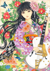  animal_print black_eyes black_hair blue_butterfly bug butterfly butterfly_print camellia chrysanthemum_print female floating_hair floral_print flower gretsch_6120 guitar hair_flower hair_ornament hand_up highres holding holding_guitar holding_instrument instrument japanese_clothes kanoko_(pattern) kimono long_hair looking_at_viewer nadeshiko_rin original pearl_hair_ornament pink_flower red_flower semi-acoustic_guitar smile solo traditional_media 