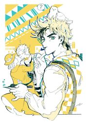  2boys ? absurdres animal_on_head bad_id bad_twitter_id battle_tendency bird bird_on_head black_spaghetti blonde_hair bow bowtie caesar_anthonio_zeppeli dress eating facial_mark female food food_in_mouth fork highres ink_on_face jojo_no_kimyou_na_bouken joseph_joestar joseph_joestar_(young) korean_commentary looking_at_viewer looking_back looking_to_the_side multiple_boys nigelungdayo on_head pasta pigeon solo_focus spaghetti spoken_question_mark straight suspenders sweater_vest 