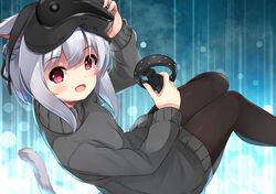  :d animal_ears arm_up black_pantyhose black_sweater blush cat_ears cat_girl cat_tail commentary feet_out_of_frame female grey_hair hair_between_eyes head-mounted_display highres holding knees_together_feet_apart long_hair long_sleeves looking_at_viewer looking_to_the_side microsoft_windows open_mouth original pantyhose red_eyes sleeves_past_wrists smile solo sora_(silent_square) sweater tail tsugumi-chan_(sora) 