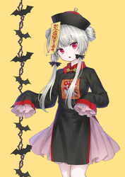  :o absurdres ama-tou black_dress black_hat black_ribbon breasts brown_background collared_dress commentary_request double_bun dress female grey_hair hair_bun hair_ribbon hat highres jiangshi_costume long_hair long_sleeves parted_lips pleated_dress qingdai_guanmao red_eyes ribbon simple_background sleeves_past_fingers sleeves_past_wrists small_breasts solo sophie_twilight tonari_no_kyuuketsuki-san 