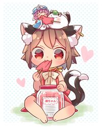  2girls :3 animal_ear_fluff animal_ear_piercing animal_ears barefoot blue_headwear blue_kimono blush bow bowtie brown_hair cat_ears cat_tail chen chibi commentary_request dotted_background dress eating food food_in_mouth hat heart highres holding holding_food ibaraki_natou japanese_clothes jar jewelry kimono long_sleeves looking_at_viewer mini_person minigirl mob_cap mochen multiple_girls nekomata no_headwear on_head person_on_head pink_hair popsicle popsicle_in_mouth popsicle_stick red_eyes saigyouji_yuyuko short_hair simple_background sitting sleeveless sleeveless_dress tail touhou triangular_headpiece veil white_background white_bow white_bowtie wide_sleeves 