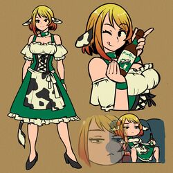  akairiot animal_ears animal_print apron black_eyes black_footwear blonde_hair bottle brown_background brown_hair cow_ears cow_print cow_tail dress female frilled_dress frills full_body gradient_hair green_dress hands_up highres holding holding_bottle looking_at_viewer multicolored_hair multiple_views one_eye_closed original redlettermedia rich_evans shoes short_hair simple_background sitting smile tail 