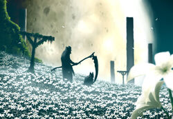  1boy 1other bloodborne burial_blade cloak coat commentary_request facing_away falling_petals field flower flower_field full_body full_moon gehrman_the_first_hunter hat holding holding_weapon hunter_(bloodborne) kneeling looking_at_another moon outdoors petals pillar scythe signature skiba standing tricorne weapon white_flower 