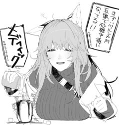  absurdres asimo_(hakurei10201) breasts closed_eyes coffee_mug commentary cup female girls&#039;_frontline girls&#039;_frontline_neural_cloud greyscale highres holding holding_cup jacket large_breasts long_hair messy_hair monochrome mug off_shoulder open_clothes open_jacket open_mouth persicaria_(neural_cloud) ribbed_sweater simple_background sleepy solo squeans sugar_cube sweater translated white_background 