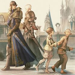  3boys ^_^ album_cover armor aymeric_de_borel black_hair black_robe blonde_hair blue_robe boots breastplate brown_footwear brown_hair building city closed_eyes cover elezen elf female final_fantasy final_fantasy_xiv from_side full_body garlean gauntlets greaves grey_jacket grey_pants hatching_(texture) highres holding_hands jacket kuroimori lolicon looking_at_another looking_at_viewer looking_back lucia_junius multiple_boys official_art open_mouth outdoors pants pauldrons pointy_ears robe second-party_source shoes short_hair shoulder_armor sky smile square_enix sword temple_knight_(final_fantasy_xiv) thigh_boots walking weapon white_footwear white_hair 