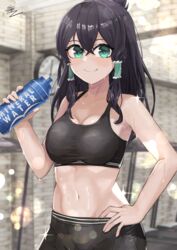  absurdres aqua_eyes bare_shoulders black_hair black_pants black_sports_bra blurry blurry_background blush bottle breasts cleavage clock closed_mouth collarbone commentary_request commission cowboy_shot crossed_bangs english_commentary eyebrows_hidden_by_hair female groin hair_between_eyes hair_tubes hand_on_own_hip highres holding holding_bottle indoors large_breasts lens_flare long_hair looking_at_viewer midriff mixed-language_commentary navel original pants sidelocks signature skeb_commission smile solo sparkle sports_bra sportswear standing sweat tare_negima taut_clothes treadmill wall_clock water_bottle 