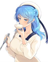  alternate_costume apron blue_eyes blue_hair blush breasts collarbone cooking double_bun doughnut_hair_bun female food hair_between_eyes hair_bun hat highres japanese_clothes kantai_collection kappougi ladle large_breasts long_sleeves medium_hair plate sailor_hat senbei_(senbe_i) simple_background soup spoon tasting_plate urakaze_(kancolle) white_background white_headwear 