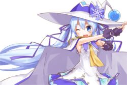  bare_shoulders blue_collar blue_eyes blue_hair blue_ribbon blush bow cape collar collared_dress commentary dera_fury dress female fingerless_gloves gloves hair_ribbon hat hat_bow hatsune_miku lace lace-trimmed_dress lace_trim large_hat layered_dress light_blue_hair long_hair looking_at_viewer neckerchief one_eye_closed open_mouth outstretched_arms pose purple_gloves ribbon sleeveless sleeveless_dress smile snow_globe snowflake_hat_ornament snowflake_ornament snowflake_print suki!_yuki!_maji_magic_(vocaloid) treble_clef twintails upper_body very_long_hair vocaloid white_background white_cape white_dress white_headwear witch_hat yellow_neckerchief yuki_miku yuki_miku_(2014) 