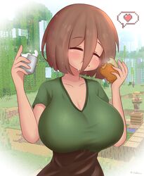  blush bob_cut bread breasts closed_eyes cup curvy eating female food gabai genderswap_(mtf) green_shirt hair_between_eyes heart highres huge_breasts large_breasts milk minecraft personification plump rule_63 shirt short_sleeves spoken_heart villager_(minecraft) 