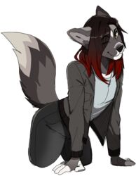  african_wild_dog ako_(character) anthro bottomwear canid canine clothing hair jacket kasusei leather leather_clothing leather_jacket leather_topwear looking_at_viewer male mammal maremare one_eye_closed pants raised_tail red_hair sei_kasu solo tail topwear wink 