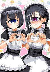  2girls alternate_costume black_hair blue_eyes blush braid commentary_request cowboy_shot crossover cyclops ear_piercing enmaided heart heart_hands houshi maid manako meme_redon monster_musume_no_iru_nichijou monster_musume_no_oisha-san multiple_girls one-eyed piercing purple_eyes short_hair side_braid species_connection trait_connection wrist_cuffs 