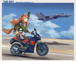  absurdres aircraft airplane animal_ears belt black_ribbon black_thighhighs blue_sky bomber_jacket boots cloud commentary_request crop_top dog_tags ear_ribbon f-14_tomcat female green_belt green_jacket highres horse_ears horse_girl horse_tail jacket mayano_top_gun_(umamusume) motor_vehicle motorcycle name_connection navel nick_&quot;goose&quot;_bradshaw orange_hair pete_&quot;maverick&quot;_mitchell ribbon riding runway short_shorts shorts sky solo tail taking_off thighhighs thrux top_gun two_side_up umamusume vehicle_focus waving white_shorts 