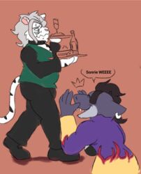  anthro apolonoise breasts cheering clothing duo felid female fish food jacket lion male mammal marina_(apolonoise) marine mitch_(apolonoise) pantherine shark slightly_chubby strong_female topwear waiter waiter_suit walking 