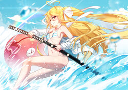  ahoge animal bare_shoulders bikini blonde_hair blue_sky blurry blurry_foreground blush borrowed_character breasts chinese_commentary closed_mouth cloud collarbone commentary_request day depth_of_field female fish floating_hair hair_between_eyes hair_ribbon heart heart_ahoge holding holding_sheath holding_sword holding_weapon jacket katana long_hair navel niliu_chahui off_shoulder ootachi open_clothes open_jacket original outdoors qys3 rainbow red_eyes ribbon sheath side-tie_bikini_bottom sky small_breasts smile solo striped_bikini striped_clothes swimsuit sword tokisaki_asaba_(niliu_chahui) two_side_up unsheathing very_long_hair water water_drop weapon white_jacket white_ribbon x_x 