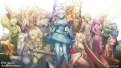  3boys 6+girls ahoge alice_(sinoalice) apron asymmetrical_bangs barefoot belt blue_eyes blue_hair blue_little_pig_(sinoalice) blunt_bangs book braid breasts briar_rose_(sinoalice) cage cape cetus_kkk cheering choker cinderella_(sinoalice) cleavage cleavage_cutout closed_mouth clothing_cutout cup doll dorothy_(sinoalice) dress drink earrings food green_eyes green_hair green_little_pig_(sinoalice) gretel_(sinoalice) grey_hair grin gun hair_ornament hair_over_one_eye hair_ribbon hairband hand_on_own_hip hansel_(sinoalice) happy hat holding holding_book holding_gun holding_sword holding_weapon hood hood_up hungry japanese_clothes jewelry kaguya_(sinoalice) kimono lantern large_breasts multiple_boys multiple_girls multiple_monochrome ningyo_hime_(sinoalice) nutcracker_(sinoalice) one_eye_closed open_mouth otoko_no_ko pantyhose petticoat pinocchio_(sinoalice) polearm pom_pom_(cheerleading) purple_eyes purple_hair red_little_pig_(sinoalice) red_riding_hood_(sinoalice) ribbon saliva serious short_hair shorts siblings sidelocks sinoalice sisters skull sleepy smile snow_white_(sinoalice) staff sword teacup thighhighs thorns torn_clothes torn_legwear twintails weapon zettai_ryouiki 