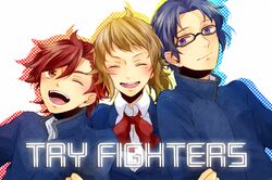  2boys bad_id bad_pixiv_id blazer blue_eyes blue_hair brown_eyes brown_hair closed_eyes female gakuran glasses gundam gundam_build_fighters gundam_build_fighters_try hoshino_fumina jacket kamiki_sekai kousaka_yuuma multiple_boys one_eye_closed red_hair school_uniform shukure_(dammerung) 