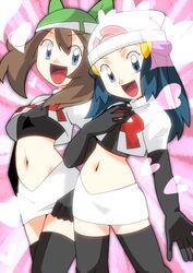  :d bandana beanie black_gloves black_legwear black_thighhighs blue_eyes blue_hair brown_hair cosplay dawn_(pokemon) elbow_gloves female friends gloves hainchu hair_ornament hand_on_own_chest happy haruka_(pokemon) haruka_(pokemon_emerald) hat head_tilt heart highres long_hair looking_at_viewer midriff multiple_girls navel nintendo open_mouth pokemon pokemon_(anime) pokemon_(game) pokemon_dppt pokemon_rse short_hair short_sleeves smile standing team_rocket team_rocket_(cosplay) thighhighs 