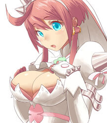  ahoge arc_system_works blue_eyes blush breasts bridal_veil cleavage clover dress earrings elphelt_valentine female four-leaf_clover gloves guilty_gear guilty_gear_xrd huge_breasts jewelry open_mouth red_hair red_ribbon ribbon rokuro shiny shiny_skin short_hair solo spikes veil wedding_dress 