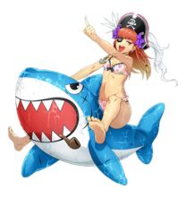  barefoot bertha_bernstein bikini bow earrings female flat_chest full_body gradient_hair hairbow hat hat_feather inflatable_shark inflatable_toy jewelry long_hair multicolored_hair official_art open_mouth orange_hair pipe_in_mouth pirate_hat pointing pointing_forward red_eyes red_hair riding skull_and_crossbones smoking_pipe solo super_robot_wars super_robot_wars_x-omega swimsuit teeth transparent_background upper_teeth_only watanabe_wataru_(character_designer) wet 