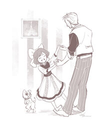  1boy ^_^ aged_down animal_collar barefoot bioshock_(series) bioshock_infinite blouse booker_dewitt border bow canine closed_eyes collar dancing eiffel_tower elizabeth_(bioshock_infinite) facial_hair fading_border female frilled_skirt frills good_end greyscale hairbow hand_grab happy holding_hands large_bow lolicon long_skirt medium_hair monochrome open_mouth pants picture_frame puffy_short_sleeves puffy_sleeves ribbon shirt shoes short_sleeves signature skirt smile spoilers standing_on_another&#039;s_feet striped_background striped_clothes striped_pants stubble tongue tongue_out vertical_stripes watermark web_address zetallis 