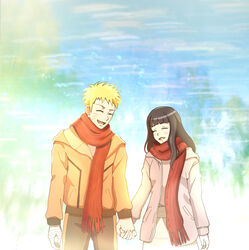  1boy bad_id bad_pixiv_id black_hair blonde_hair closed_eyes couple facial_mark female happy holding_hands hyuuga_hinata interlocked_fingers long_hair mii_(0726miya) naruto:_the_last naruto_(series) scarf short_hair smile straight uzumaki_naruto 