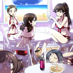  3_3 5girls ^^^ akiyama_yukari arm_rest ass back barefoot beach bespectacled bikini black-framed_eyewear black_hair blue_sky bottle breasts brown_eyes brown_hair chair cleavage closed_mouth cloud cloudy_sky commentary_request constricted_pupils cross crossed_legs day extra folding_chair food from_behind frown girls_und_panzer glasses hair_tie halterneck hand_on_own_neck indoors interlocked_fingers iron_cross itsumi_erika&#039;s_gunner itsumi_erika&#039;s_loader katsuya_megu kojima_emi legs looking_at_another looking_at_viewer lying medium_breasts messy_hair multiple_girls nakahira_guy navel ocean on_chair on_side open_mouth own_hands_together plate pointing ponytail print_bikini red_bikini round_eyewear sandals short_hair side-tie_bikini_bottom sitting sky smile smirk string_bikini sweatdrop swimsuit table twintails very_short_hair wooden_chair wooden_table 